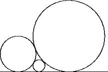 \begin{picture}(75,40)(-10,-2)
\put(0,0){\line(1,0){60}}
\put(10,10){\bigcircle{20}}
\put(38.3,20){\bigcircle{40}}
\put(21.6,3.4){\bigcircle{6.6}}
\end{picture}