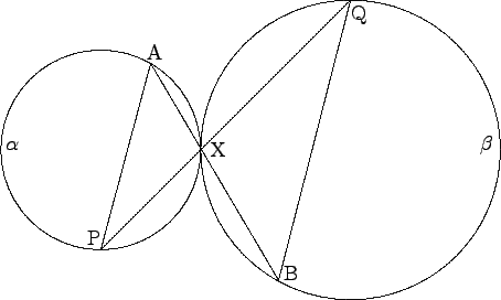 \begin{picture}(110,73)(-4,3)
\put(70,40){\bigcircle{60}}
\put(20,40){\bigcircle...
...put(29.1,58){A}
\put(17.3,21){P}
\put(56.5,13.9){B}
\put(70,66){Q}
\end{picture}